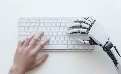 A human hand and a robotic hand typing on a white keyboard, symbolizing human-robot collaboration.