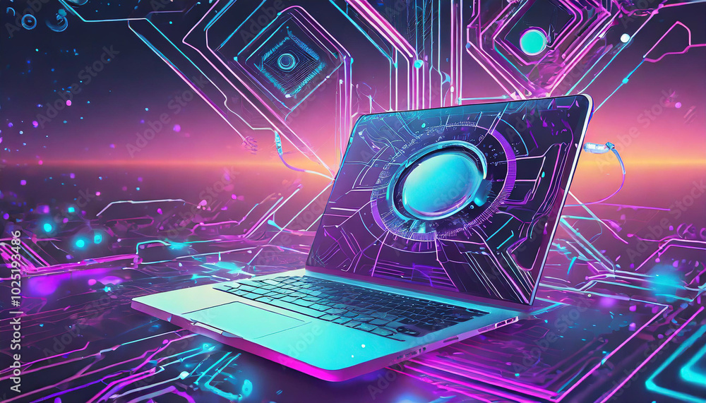 Poster futuristic laptop displaying digital circuits and glowing abstract patterns in vibrant neon colors a