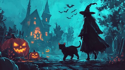   A spooky depiction of a witch and her feline companion standing before an ominous castle, with bats flying overhead and pumpkins scattered below