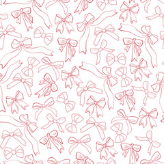 Red festive ribbon bows vector seamless pattern perfect for holidays decor, wallpaper background, fabric design, scrapbooking. Flat illustrations