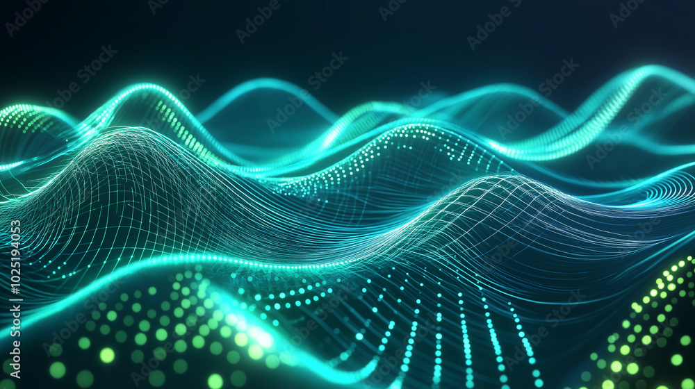 Poster abstract flowing waves of green and blue light creating a smooth, futuristic digital pattern.