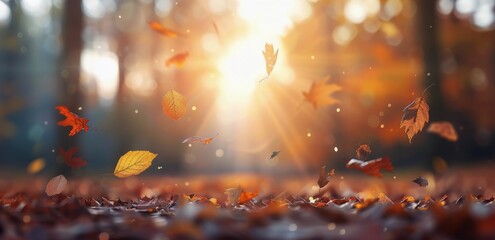Fototapeta premium Autumn Leaves Falling on a Pathway in a Forest During Golden Hour