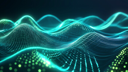 Naklejka premium Abstract flowing waves of green and blue light creating a smooth, futuristic digital pattern.