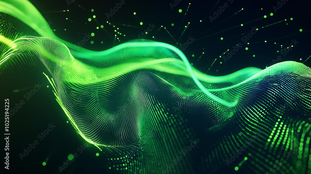 Poster abstract flowing waves of green and blue light creating a smooth, futuristic digital pattern.