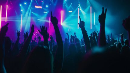 Crowd of people with raised hands at a concert under colorful lighting, enjoying live music.