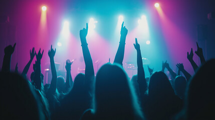 Crowd of people with raised hands at a concert under colorful lighting, enjoying live music.