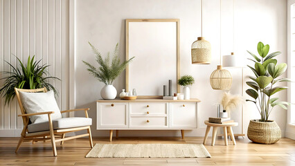 Mock up frame in home interior background, white room with natural wooden furniture, Scandi-Boho style, 3d render, white Mock up frame