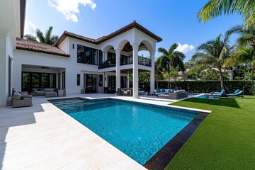 Fototapeta premium Luxury residential villa with a pool, spacious lawn, and modern outdoor furniture, representing upscale living