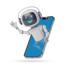 Cute robot coming out of a mobile phone screen isolated on white background. 3d illustration.