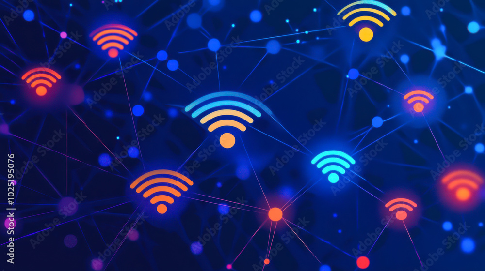 Poster visual representation of wireless connectivity with signal icons against a vibrant digital network b