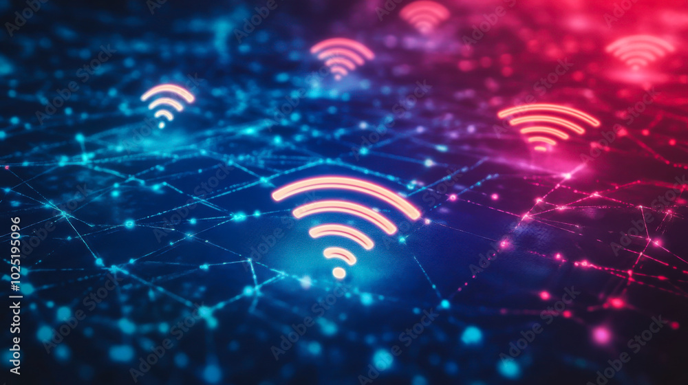 Poster visual representation of wireless connectivity with signal icons against a vibrant digital network b