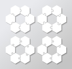 Hexagonal puzzle pieces set. Thinking mosaic game with 6 shapes. Simple scheme with separate details. jigsaw grid. Cutting template. Business presentation for infographics. Vector illustration.