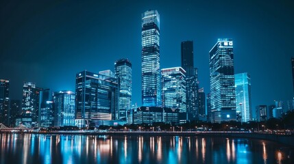 Naklejka premium A city skyline at night with a large body of water in the background