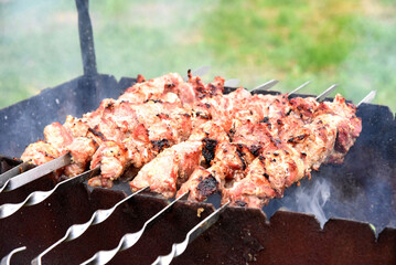 Roasting meat on an open fire. Meat on skewers skewers are cooked on coals. Delicious, juicy shashlik on the grill. Grilled pork in the garden in summer. Barbecue on an open metal grill.