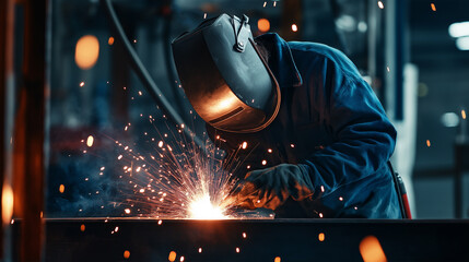 Welder working in a dark industrial space, creating sparks while welding metal.