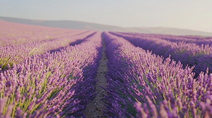 Obraz premium Lavender flowers dot rows in a picturesque field, framed by majestic mountains and a deep blue sky
