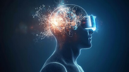 Virtual reality man with symbol neurons in brain / creative idea.Concept of idea and innovation 