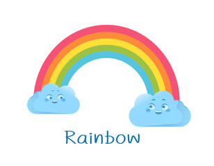 Educational weather flashcard. Rainbow with clouds. Worksheet for children. Weather forecast and meteorology. Learning and studying. Cartoon Flat vector illustration isolated on white background