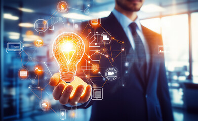 Hand holding a glowing lightbulb surrounded by interconnected lines, symbolizing innovation and creativity.