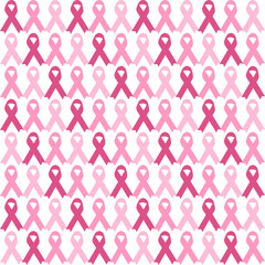Pink ribbon seamless colorful pattern on white background for breast cancer awareness month. Vector illustration, paper, textile, fabric. background.