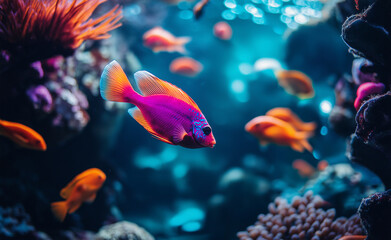 Fototapeta premium Vibrant tropical fish swimming among coral reefs in a colorful underwater scene.