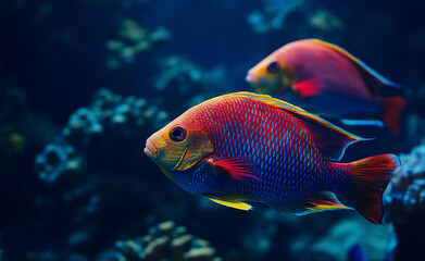 Naklejka premium Vibrant tropical fish swimming among coral reefs in a colorful underwater scene.