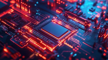 Obraz premium Close-up of a glowing red circuit board with a processor chip