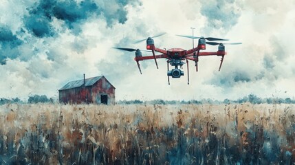 Fototapeta premium Modern Farming Concept in Watercolor Style Emphasizing Technology and Sustainability