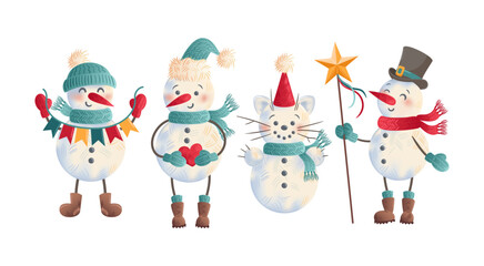 A charming set of Christmas snowmen wearing scarves and hats, adorned with various decorations like garlands, stars, and hearts, all illustrated in a delightful watercolor style. Perfect for holiday