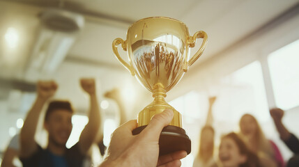 Hand holding a golden trophy in a celebratory environment with cheering people in the background.