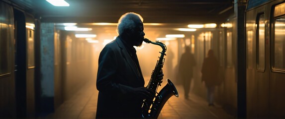 man playing a saxophone in a hallway