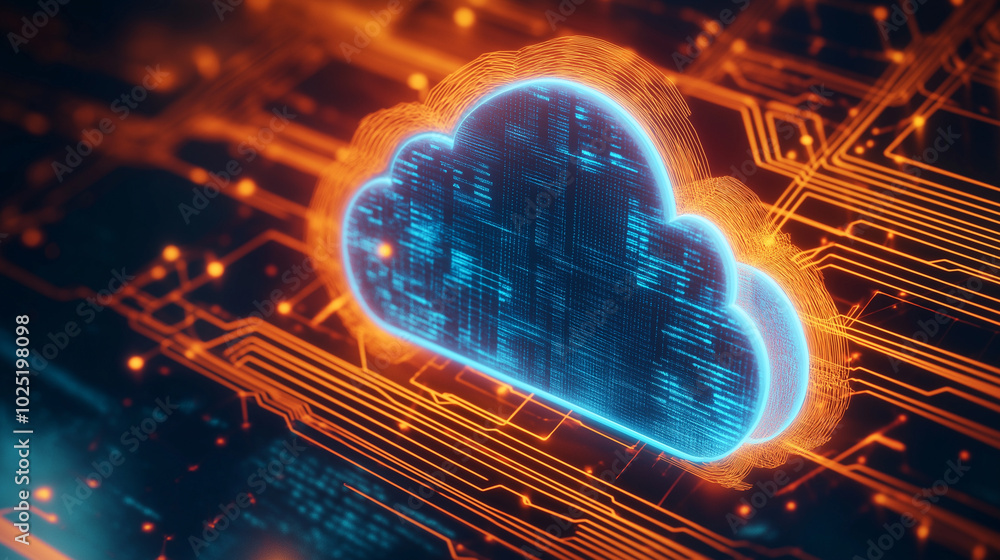 Poster digital cloud icon glowing on a futuristic circuit board, symbolizing cloud computing and data stora