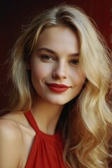 Fototapeta premium Blonde woman in red sleeveless blouse, smiling softly with light blue eyes, friendly expression