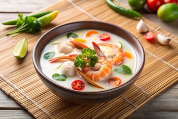 bowl, soup, Asian, fragrant, seafood, lunch, dinner, meal,coconut milk, appetizing, gourmet, food, hot, tasty, cuisine, Thai, Coconut milk soup with Shrimp rice and Vegetables Symmetrical