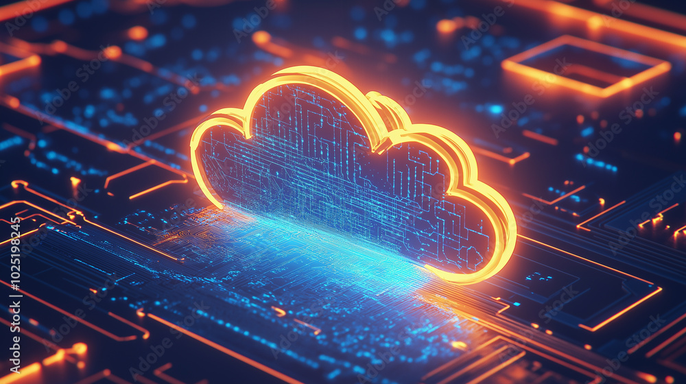 Poster digital cloud icon glowing on a futuristic circuit board, symbolizing cloud computing and data stora
