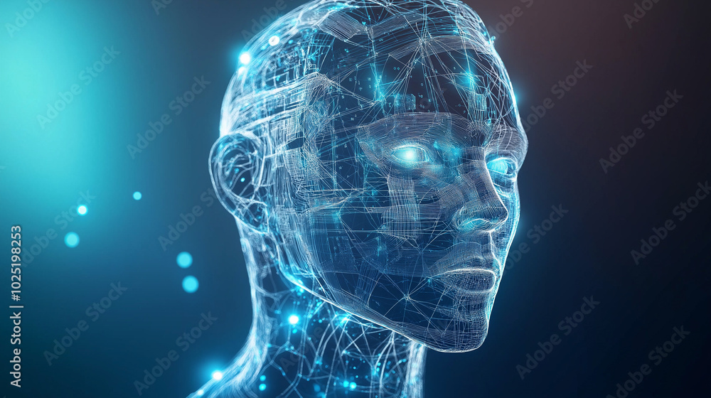 Poster digital rendering of a futuristic humanoid head composed of glowing lines and nodes, symbolizing art