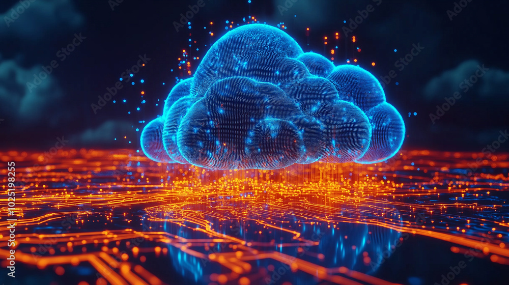 Poster digital cloud icon glowing on a futuristic circuit board, symbolizing cloud computing and data stora