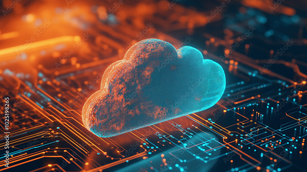 Poster digital cloud icon glowing on a futuristic circuit board, symbolizing cloud computing and data stora
