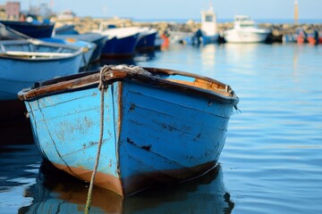 Obraz premium Close-up of a blue wooden boat in a harbor