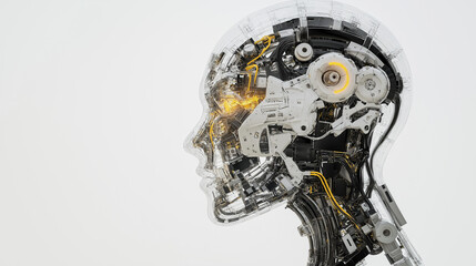 Fototapeta premium Side view of a transparent humanoid robot head revealing internal mechanical components and wiring.