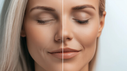 Split view of a woman's face showing the effects of aging versus youthful skin.