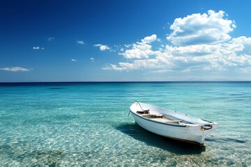White rowboat on a crystal clear beach