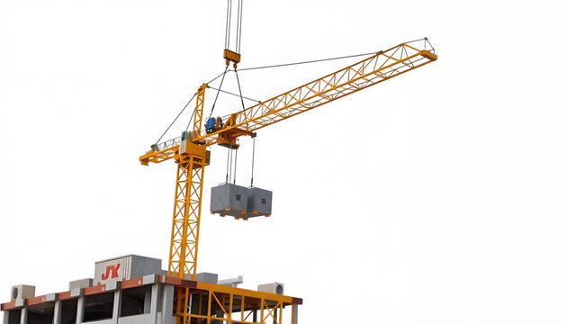 Crane hoisting construction blocks on transparent background isolated with white highlights, png