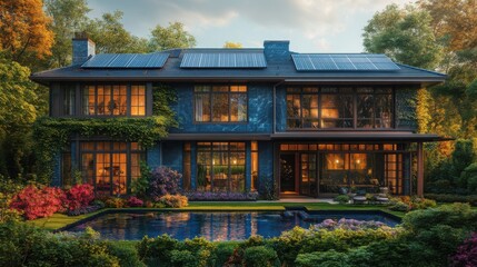 Fototapeta premium Modern Home with Solar Panels in Watercolor Style for Sustainable Design Projects