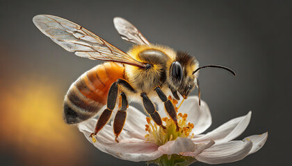A close-up view of a honeybee pollinating a delicate flower in a garden during the warm afternoon sunlight