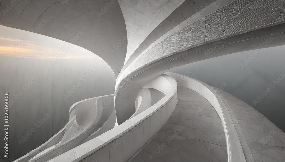 Poster a futuristic architectural design featuring smooth, flowing curves with a serene background, emphasi