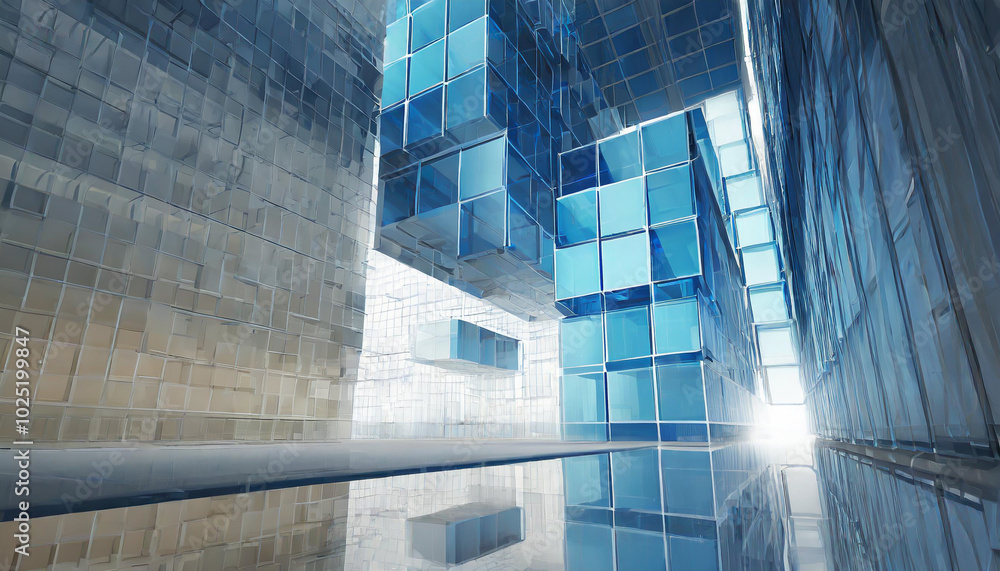 Poster an abstract architectural structure featuring reflective glass cubes in a modern urban setting with 