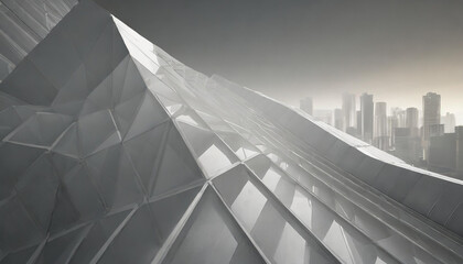 Architectural marvel with angular glass surfaces reflecting city skyline in early morning light