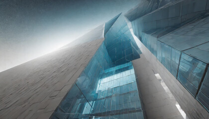A modern architectural marvel showcasing angular glass structures under a dramatic sky in an urban environment