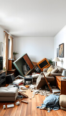 Interior of messy living room with overturned furniture after earthquake isolated with white highlights, png